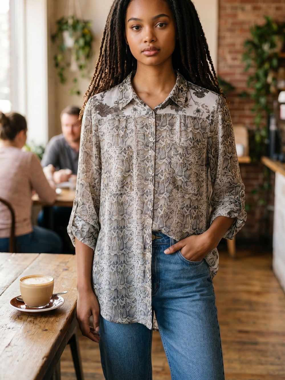 fig and flower Snake-Print Button Down Shirt in Taupe and Beige - Picture 10 of 10